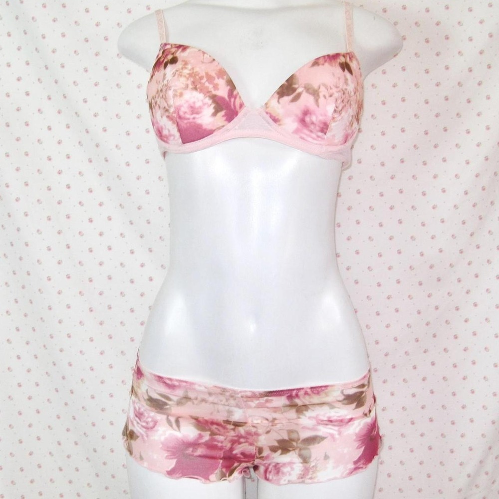 y2k pink floral lace trim cami + shorts lingerie set